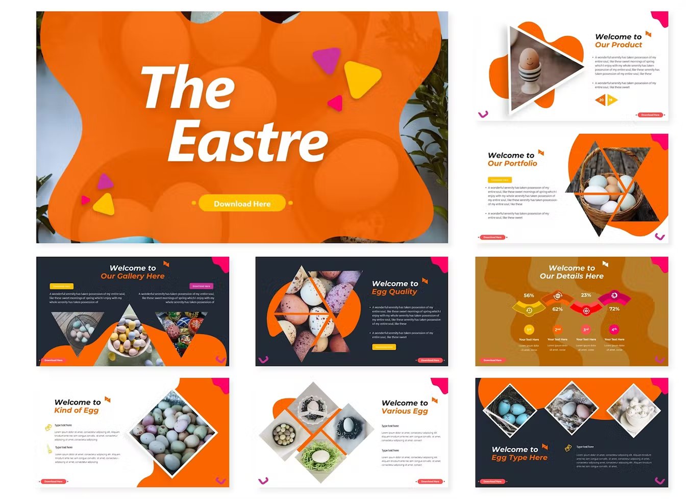 A set of 9 different the easter google slides templates in orange, white, dark gray, yellow and pink on a white background.