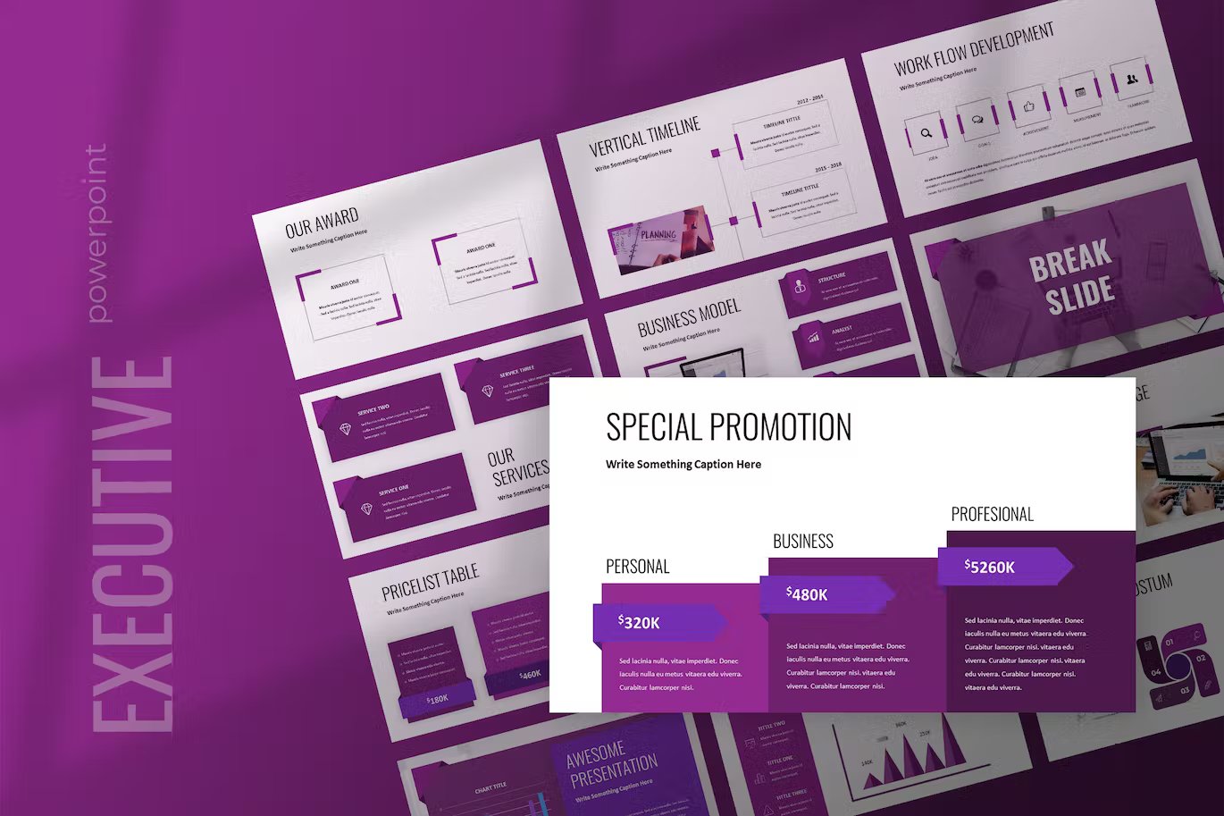 Lavender lettering "Executive powerpoint" and executive - powerpoint presentation for business templates on a purple background.