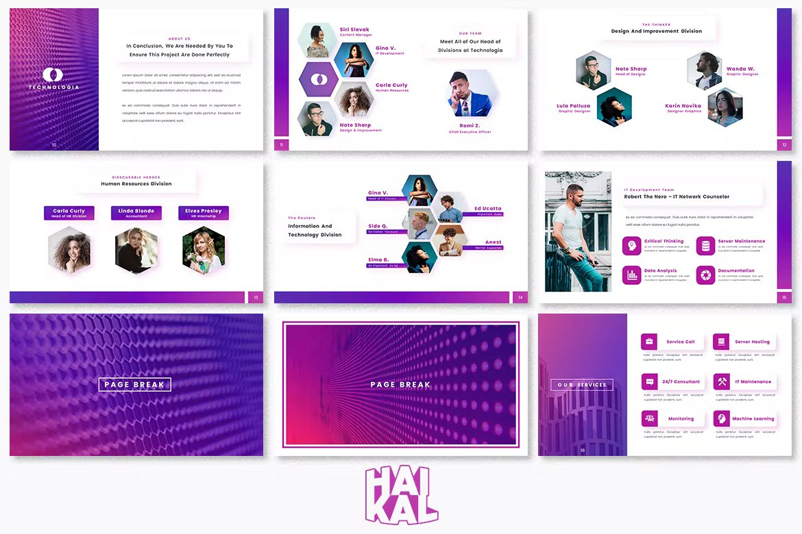 9 convenient presentation templates in white and purple.