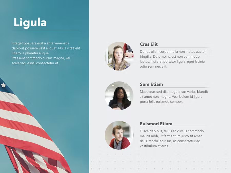 A turquoise and gray presentation template with white lettering "Ligula" and different photos with people.