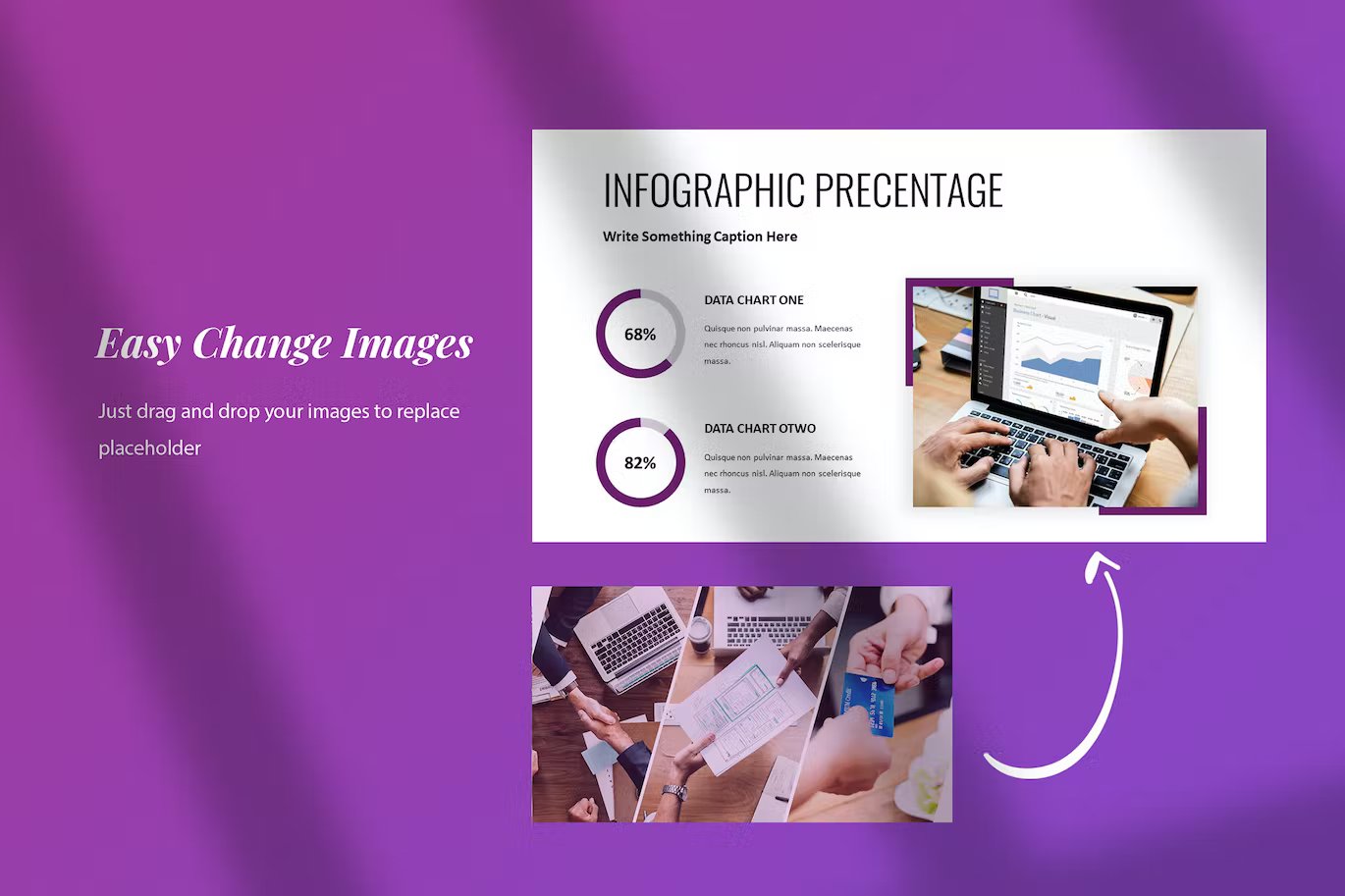 White lettering "Easy Change Images" and 2 different executive - powerpoint presentation for business templates in white, purple and black on a purple background.