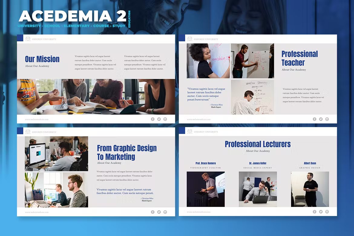 White lettering "Acedemia 2" and a set of 4 different academia university school presentation templates in white, blue and gray on a blue background.