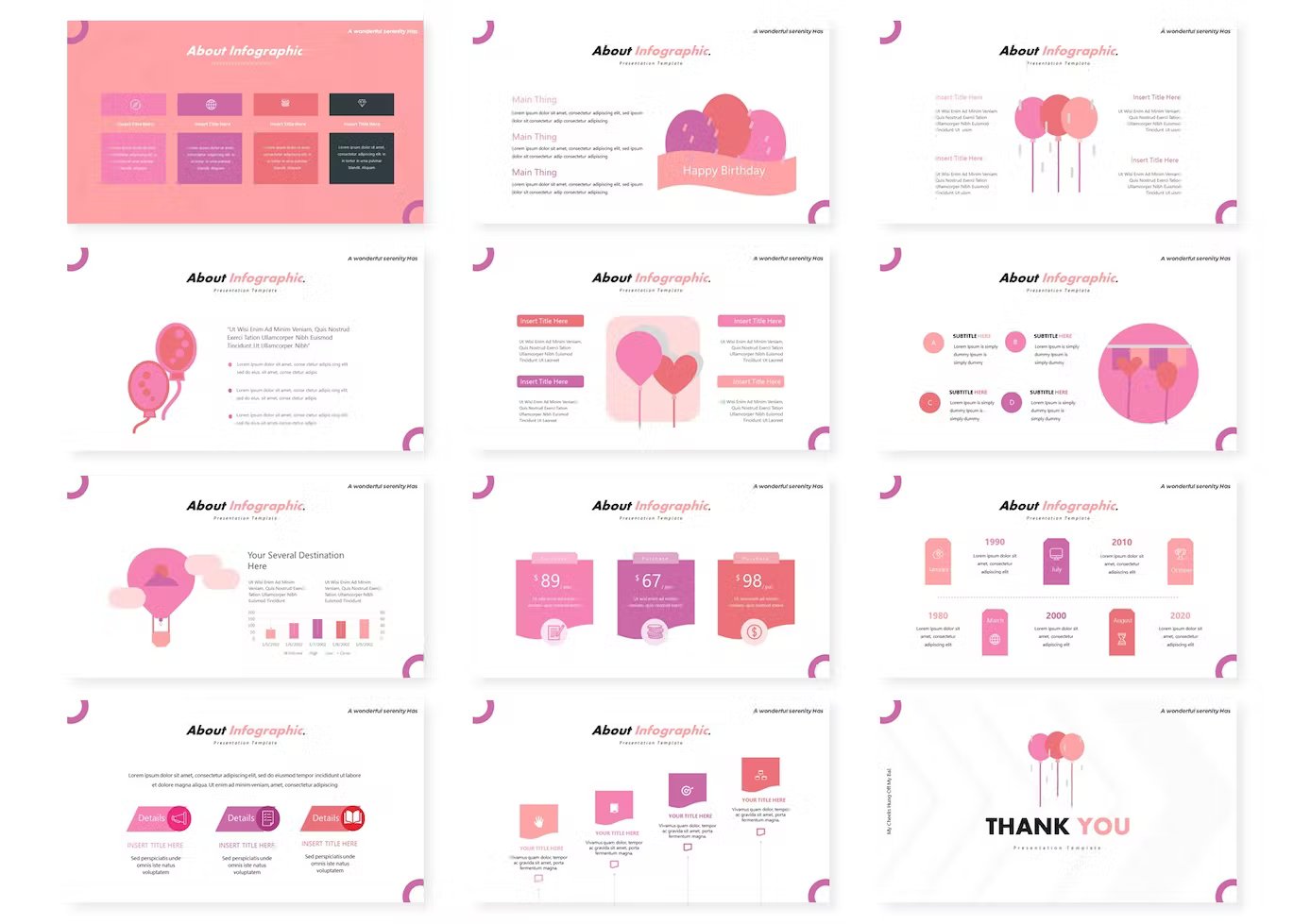 A set of 12 different the balloons powerpoint templates in pink, white, purple and black on a white background.