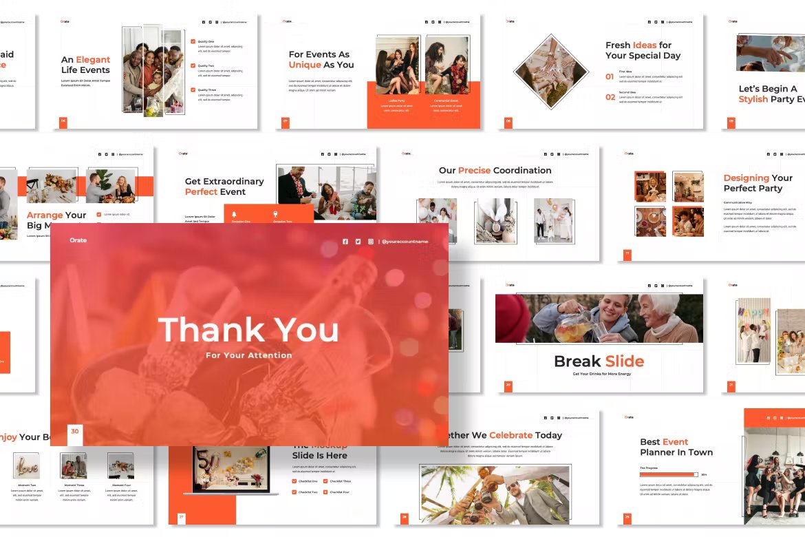 A set of different orate event planner presentation templates in red, orange, white and black on a white background.