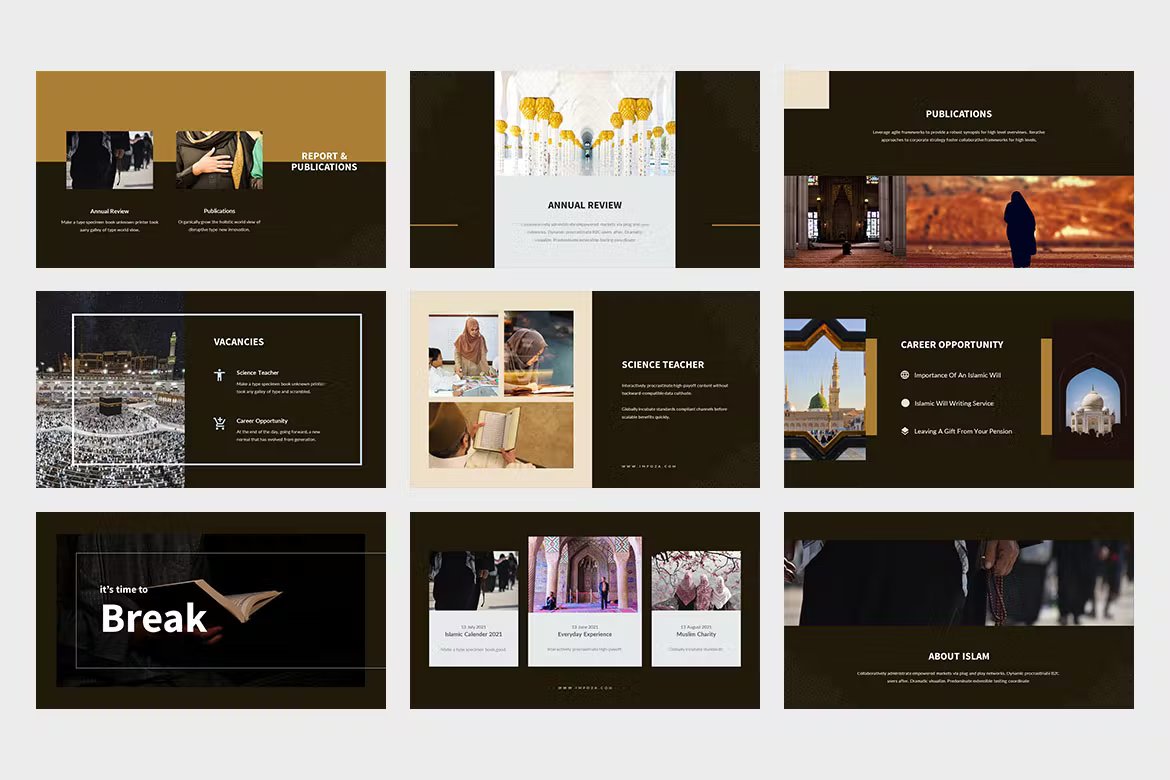 A set of 9 different impoza ramadan islamic event presentation templates in beige, white and black on a gray background.