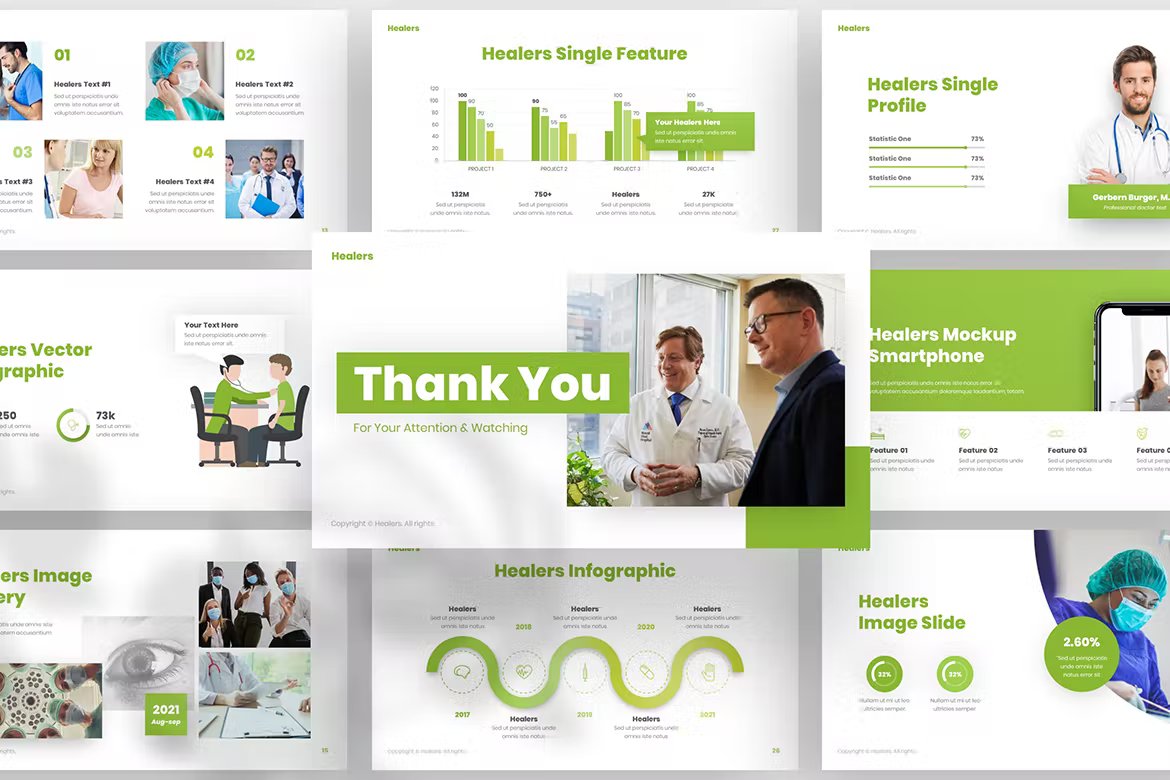 A set of 9 different healer health professional powerpoint template in white, black and green on a gray background.