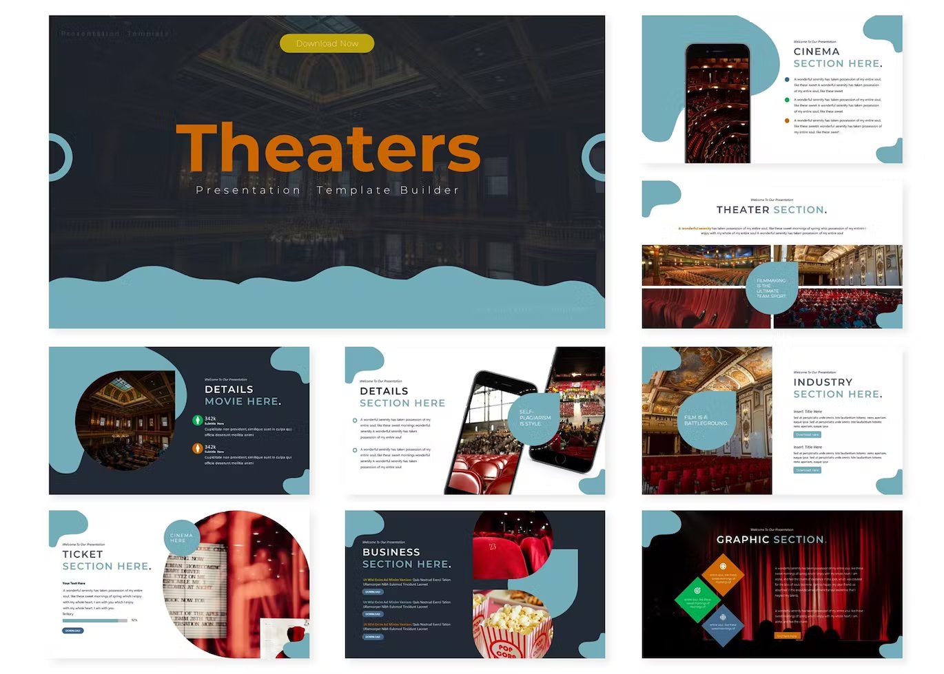 A set of 9 different theaters presentation templates in blue, black and white on a white background.