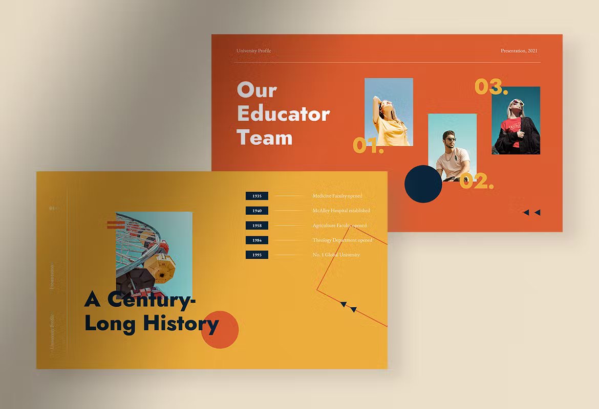 2 different mcalley creative university profile presentation templates in orange, white, yellow and black on a beige background.