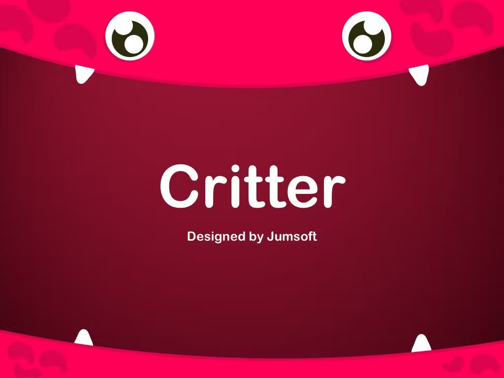 White lettering "Critter Designed by Jumsoft" on a pink background in a pink critter.