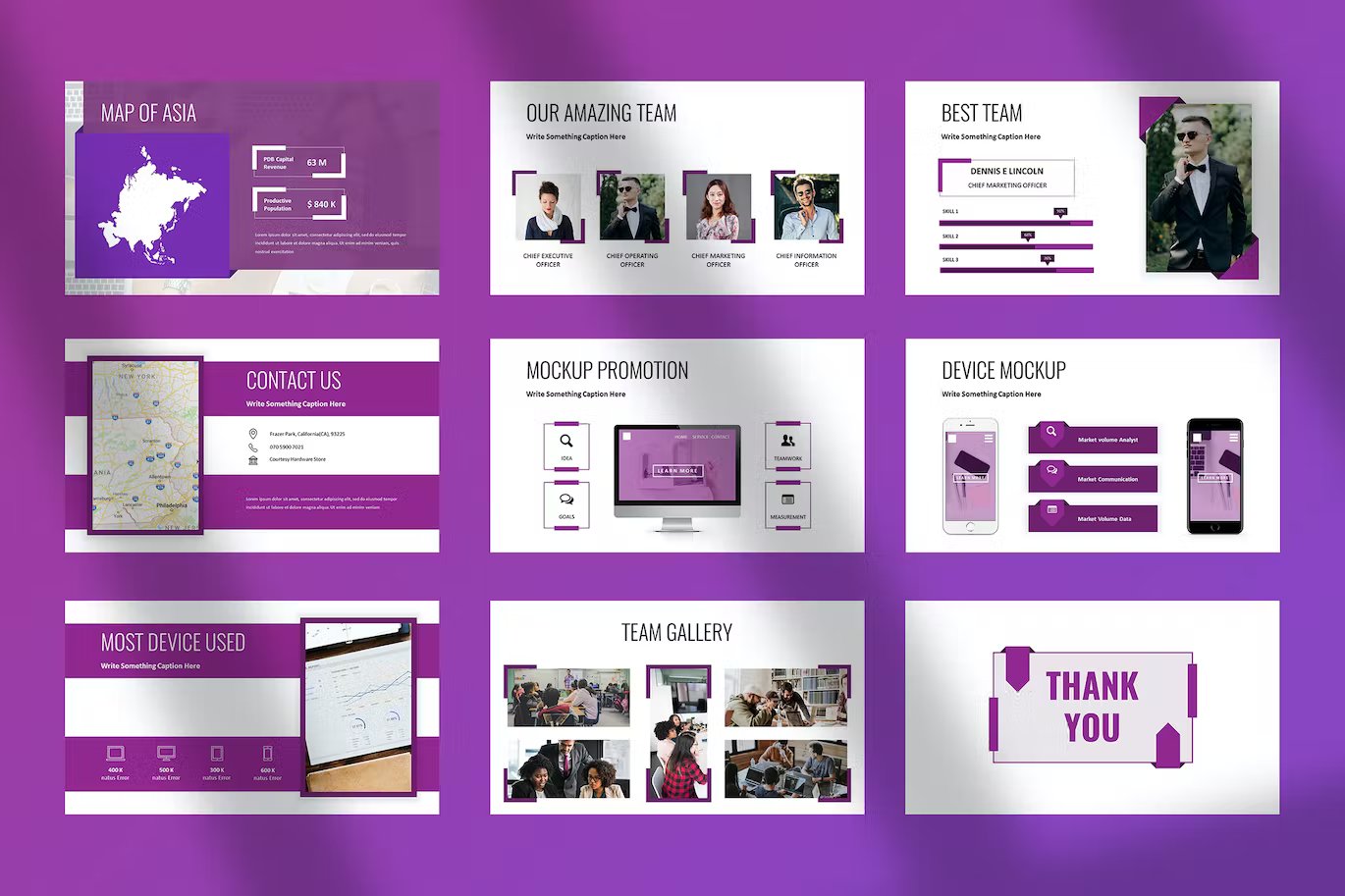 A set of 9 different executive - powerpoint presentation for business templates in white, purple and black on a purple background.