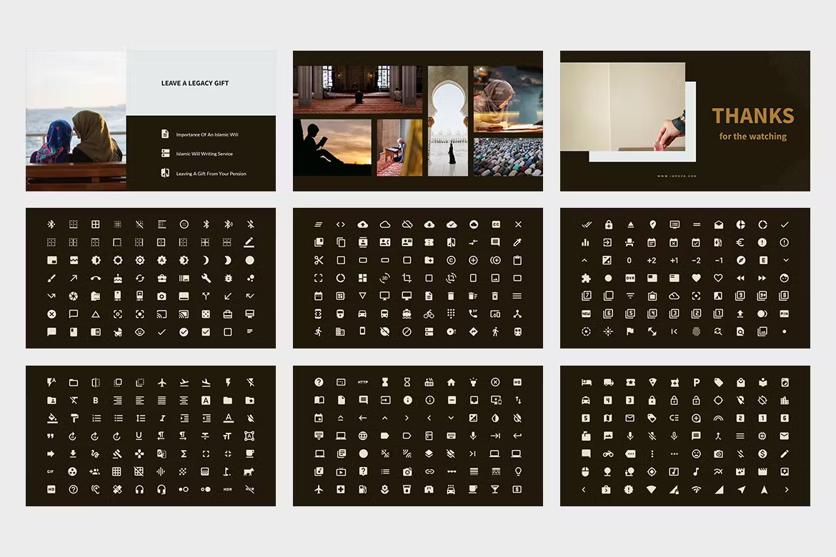 A set of 6 black slides with different white icons and 3 slides with images and titles.