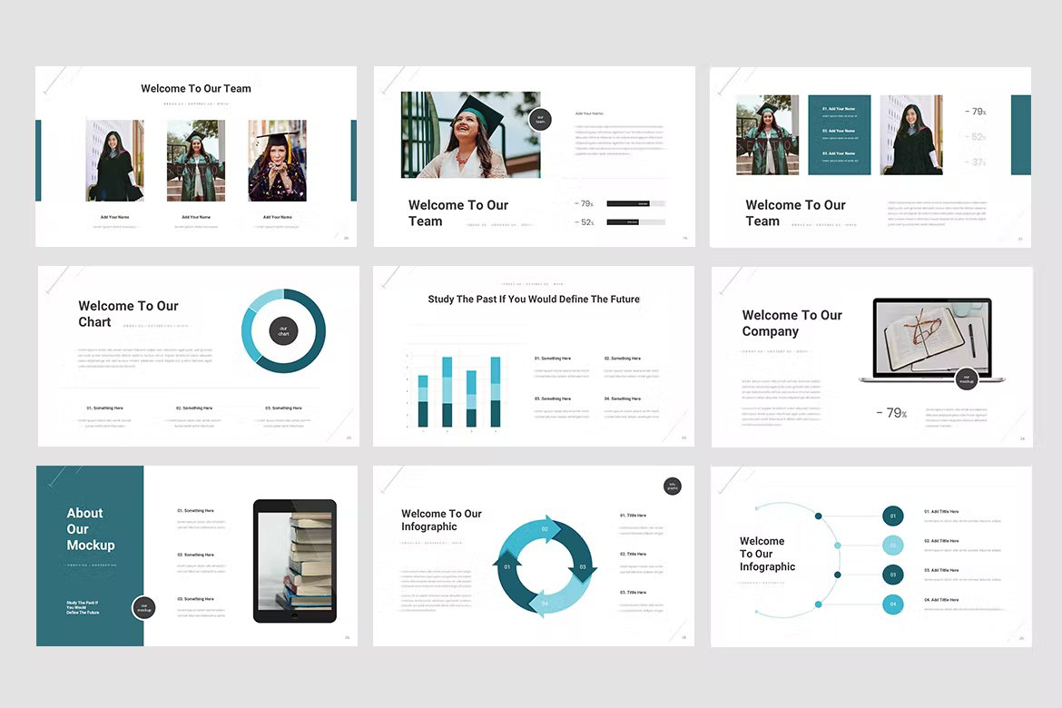 A set of 9 different unisly university education presentation templates in turquoise, white, blue and black on a gray background.