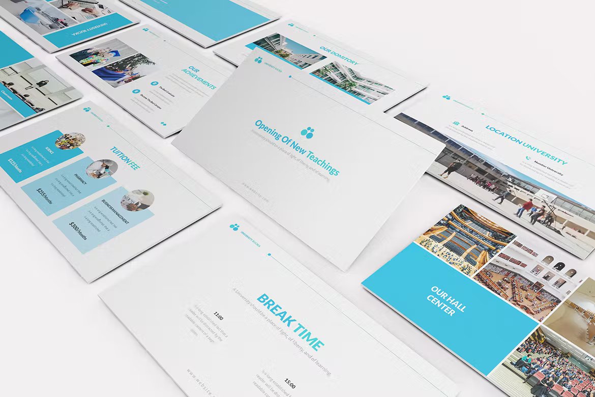 A set of different university presentation templates in white, blue and gray on a gray background.