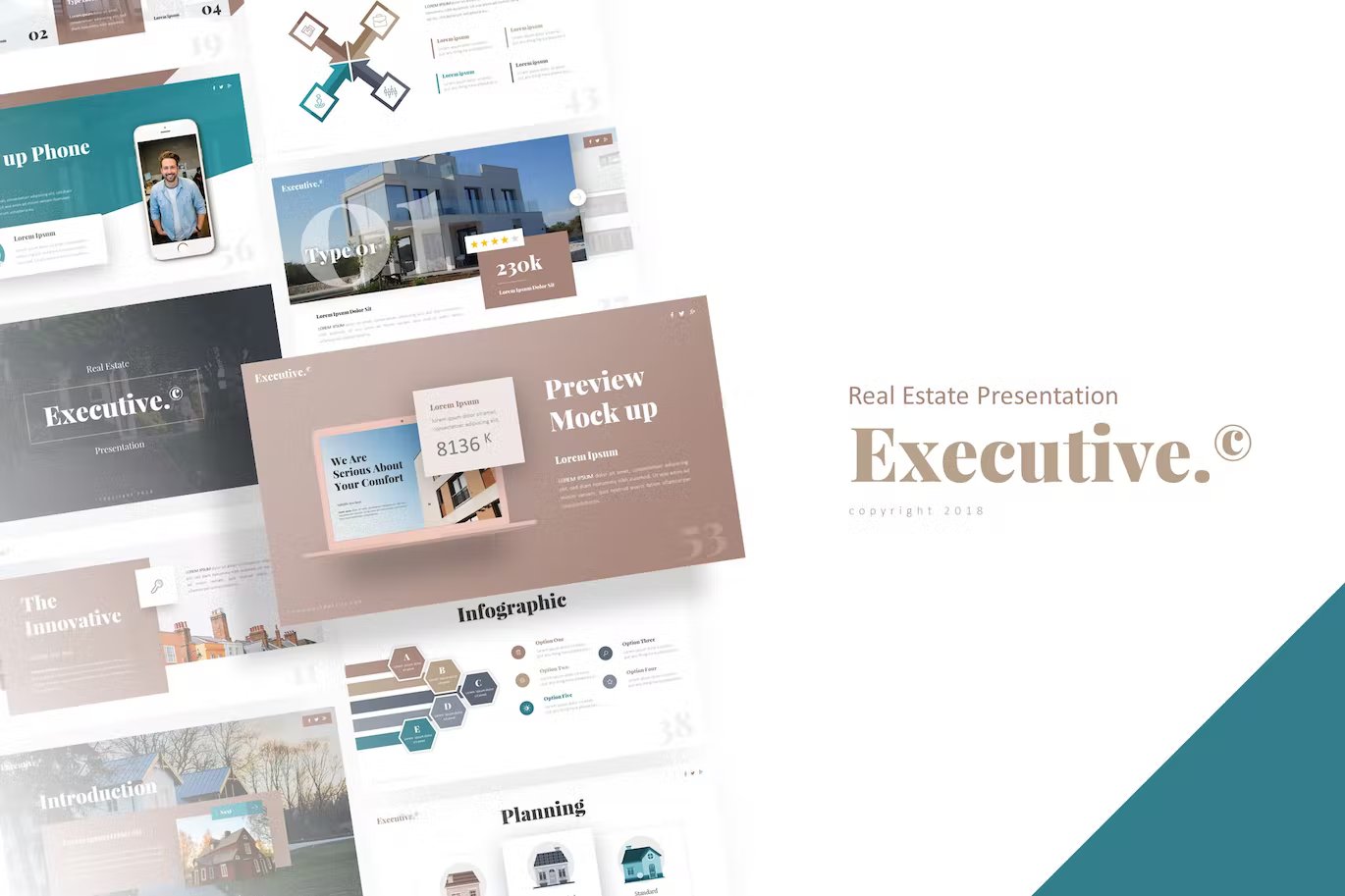 Beige lettering "Real Estate Presentation Executive." and different presentation templates on a white background.