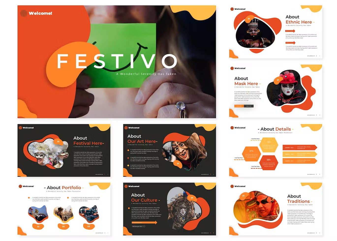 A set of 9 different festival keynote templates in white, black, orange, red and yellow on a white background.