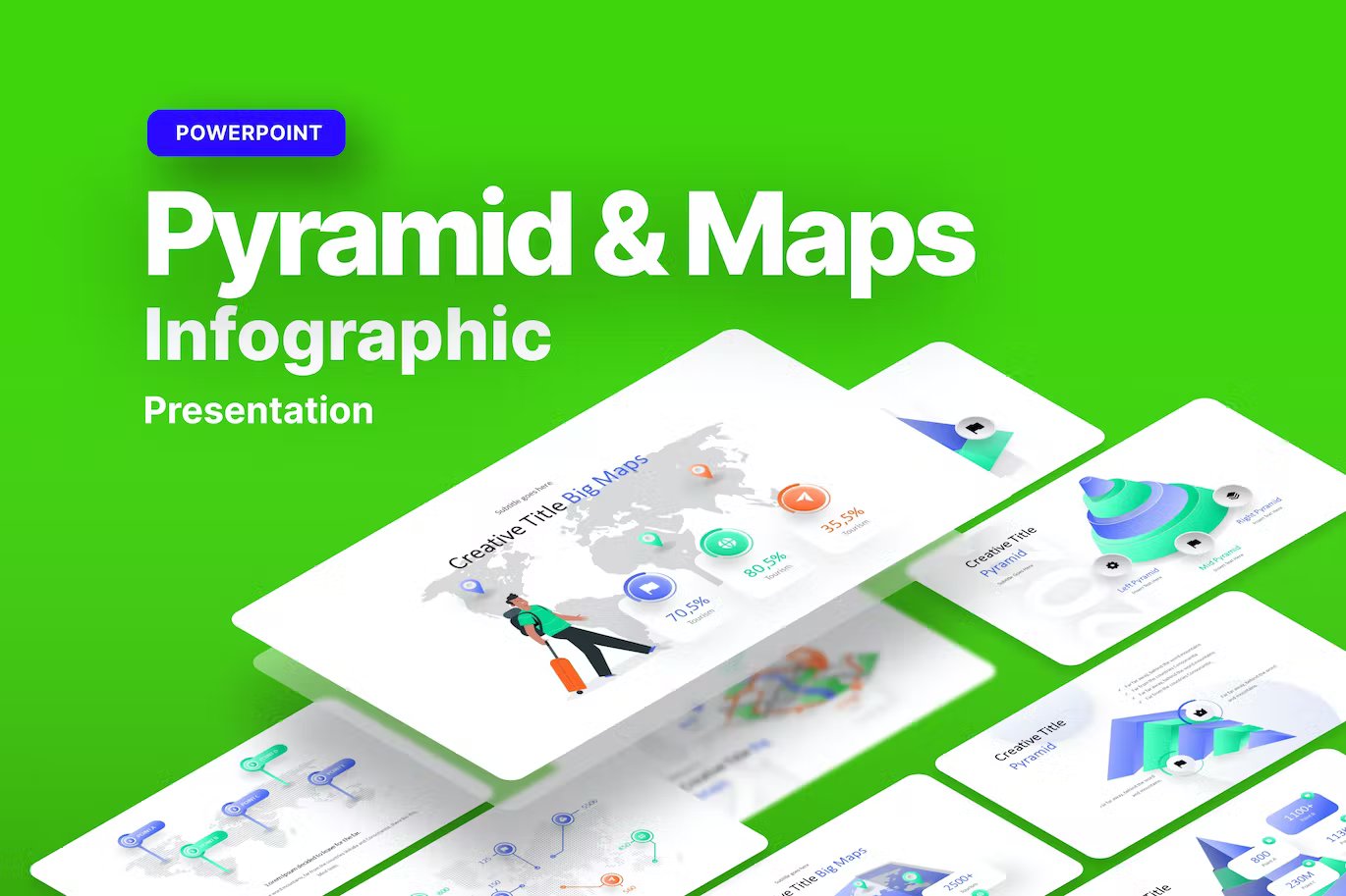 White lettering "Pyramid & Maps Infographic Presentation" and different presentation templates on a green background.