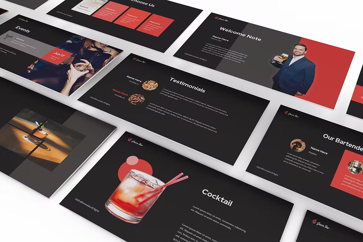 A set of different black, red and white pub & bar powerpoint templates on a white background.