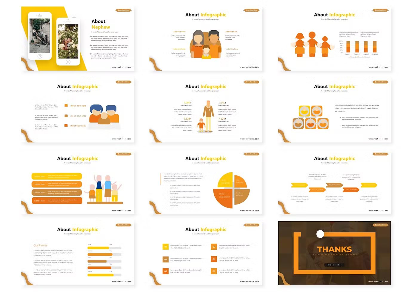 A set of 12 different familia keynote templates in yellow, white, orange, brown and black on a white background.