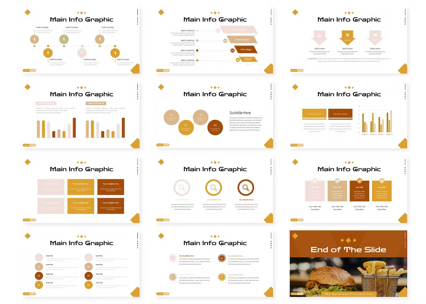 A set of 12 different burger products google slides templates in brown, yellow, white and black on a white background.