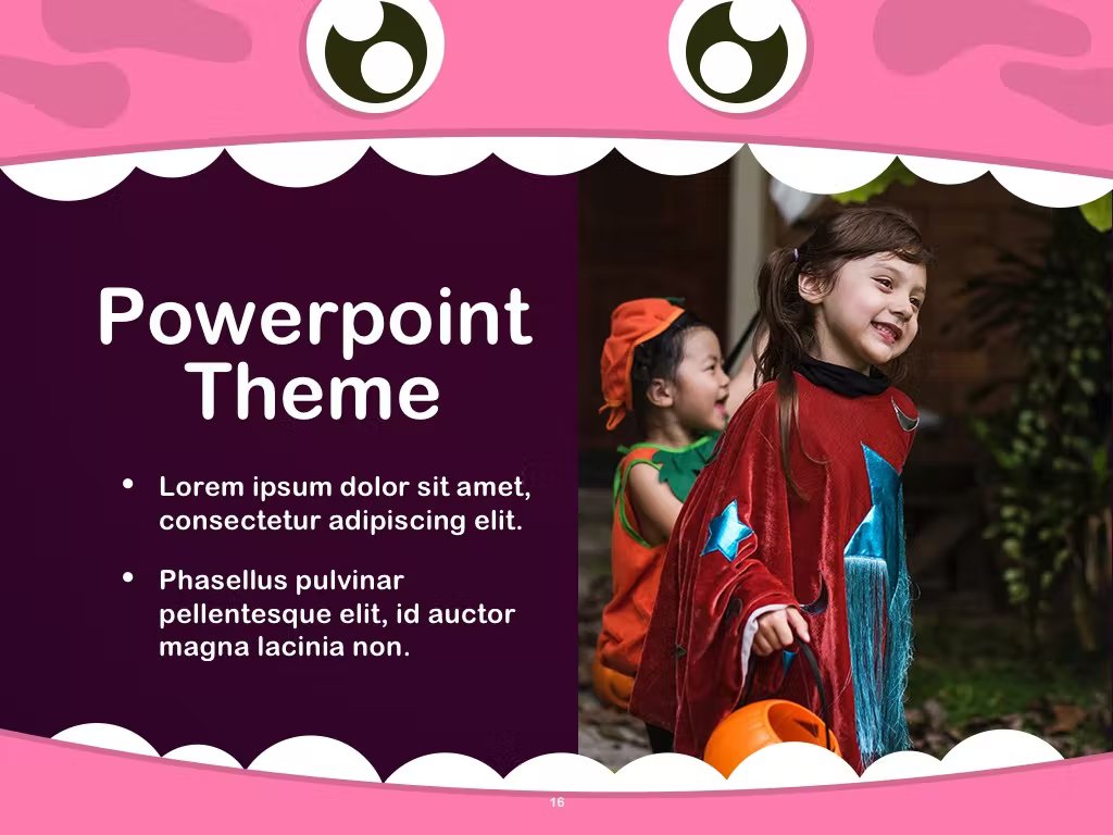White lettering "Powerpoint Theme" and a photo with children on a purple background in a pink critter.
