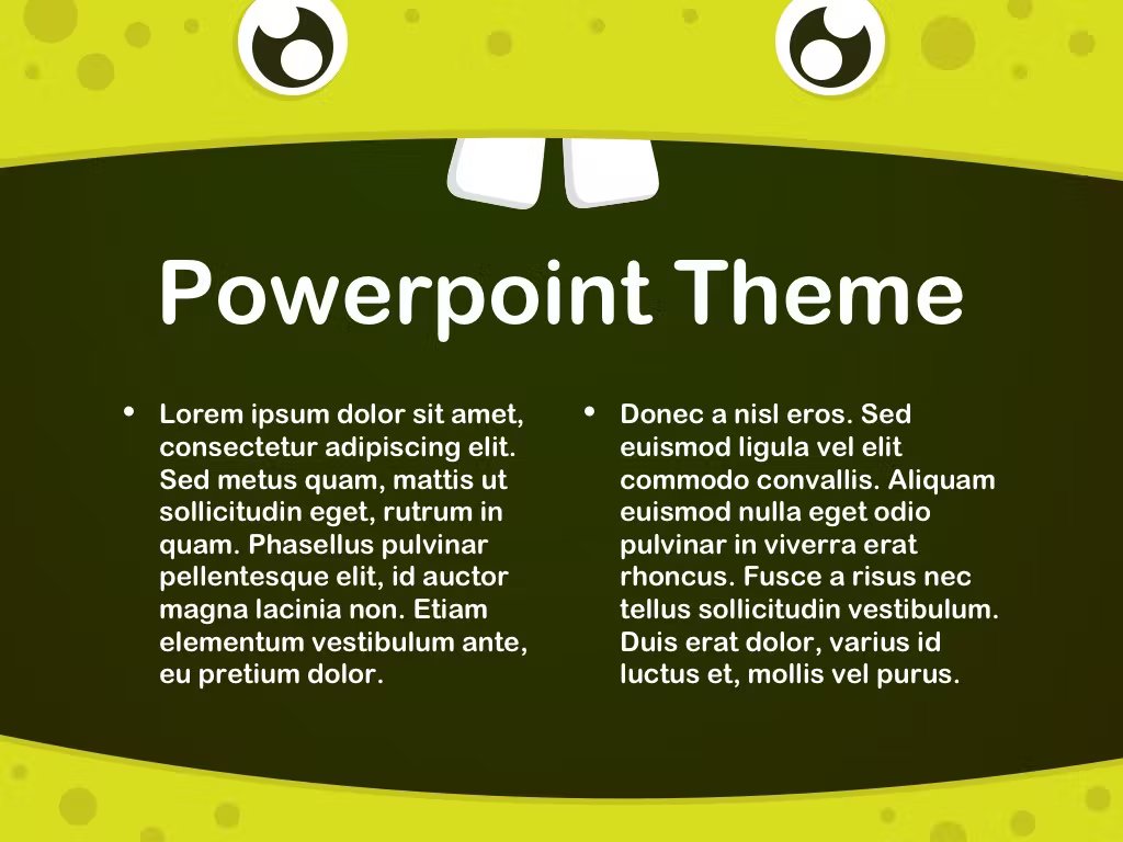 White lettering "Powerpoint Theme" on a olive background in a green critter.