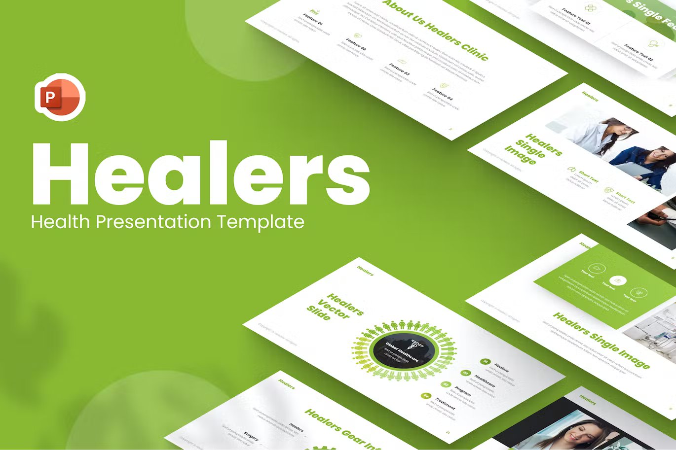 White lettering "Healers Health Presentation Template" and different presentation templates on a green background.