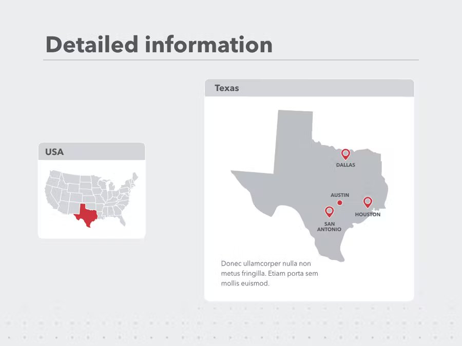 A gray presentation template with black lettering "Detailed information", and 2 gray-red maps of USA and Texas.
