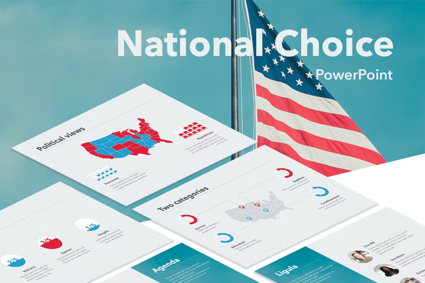 White lettering "National Choice PowerPoint" and different presentation templates and the American flag on a turquoise background.