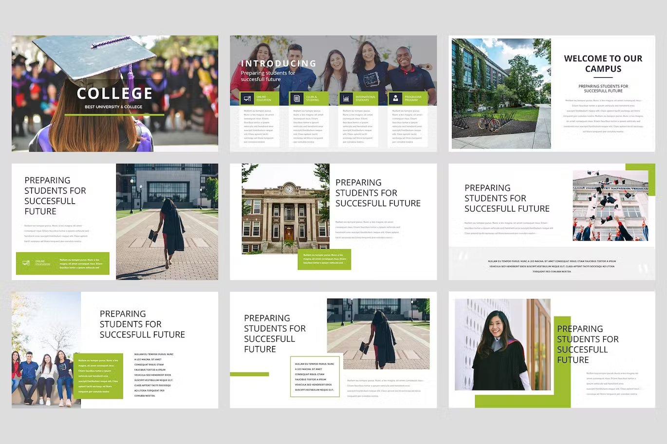 A set of 9 different college university presentation templates in green, gray, white and black on a gray background.
