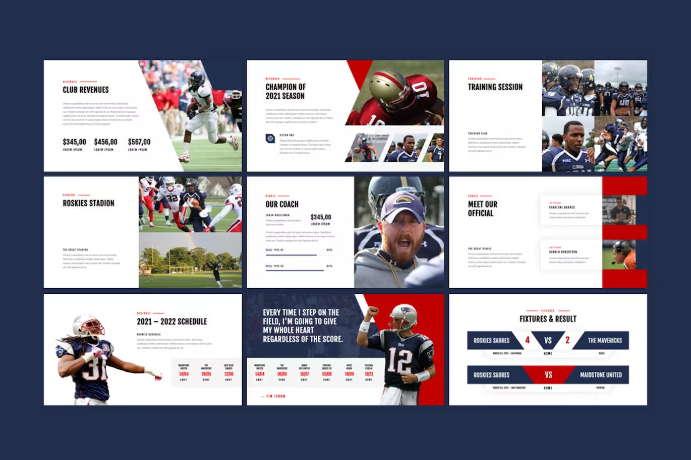 A set of 9 different roskies - american football powerpoint templates in white, blue, red and black on a blue background.