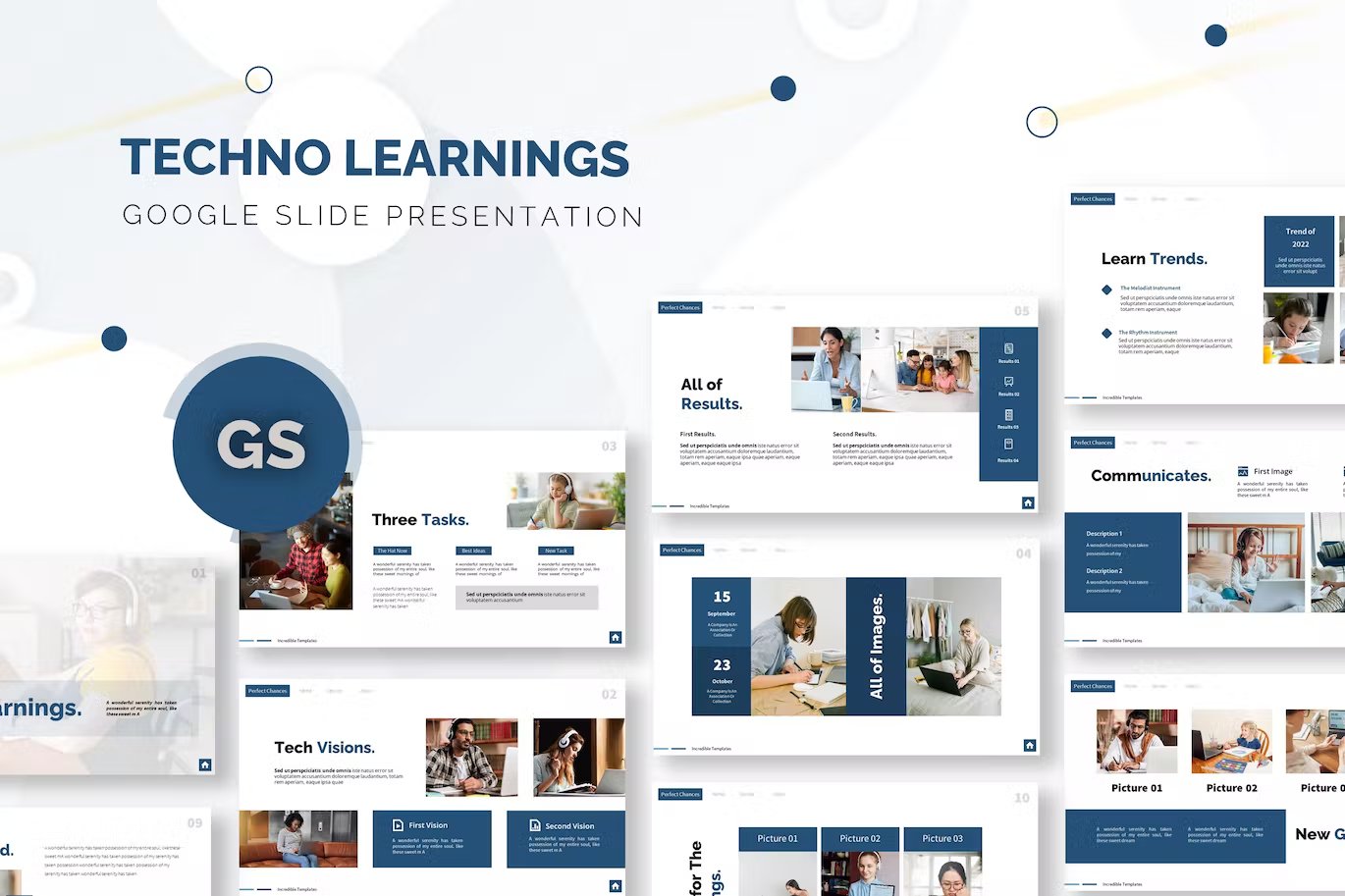 Blue lettering "Techno Learnings Google Slide Presentation" and different presentation templates on a gray background.