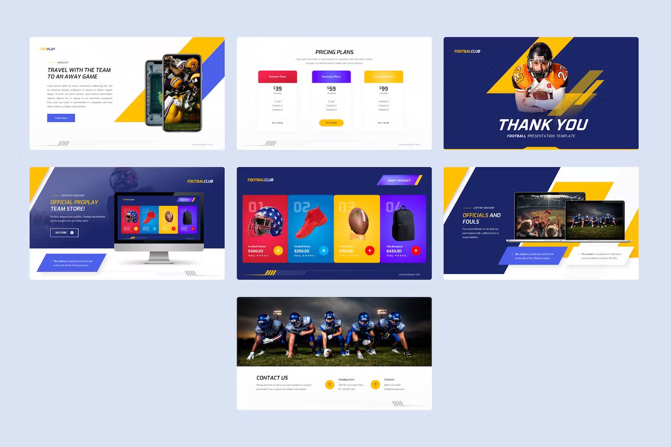 A set of 7 different american football sports powerpoint templates in blue, white, yellow and red on a light blue background.