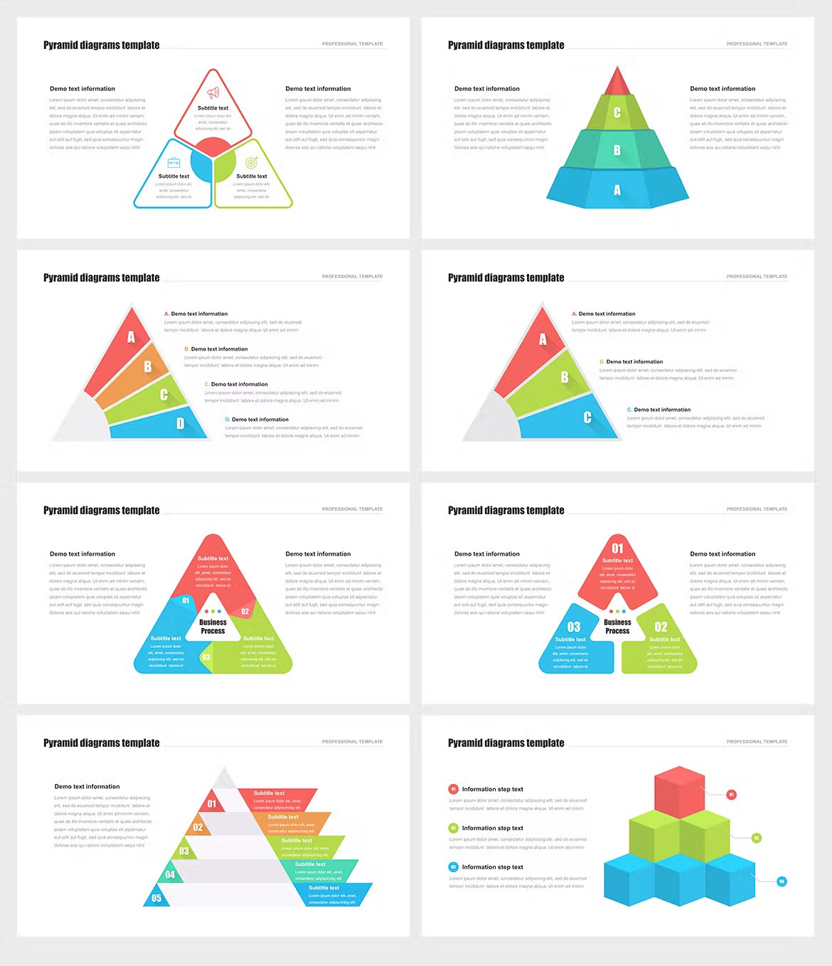 A set of 8 different pyramid infographic templates in black, white, blue, green and red on a gray background.