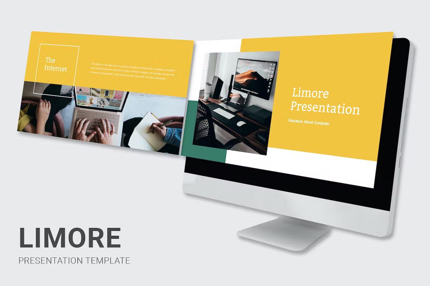 Black lettering "Limore Presentation Template" and mockup IMac with presentation template in white, green and yellow on a gray background.