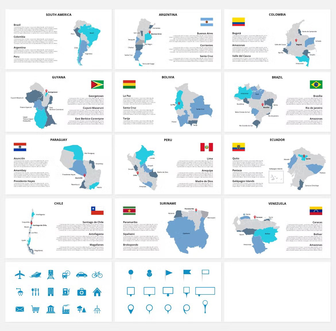 A set of 16 different animated south america maps powerpoint templates in gray, blue and white on a gray background.