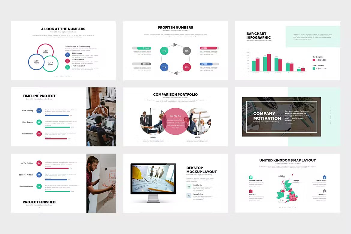 Minimalist 9 slides with different charts, mockups and diagrams.