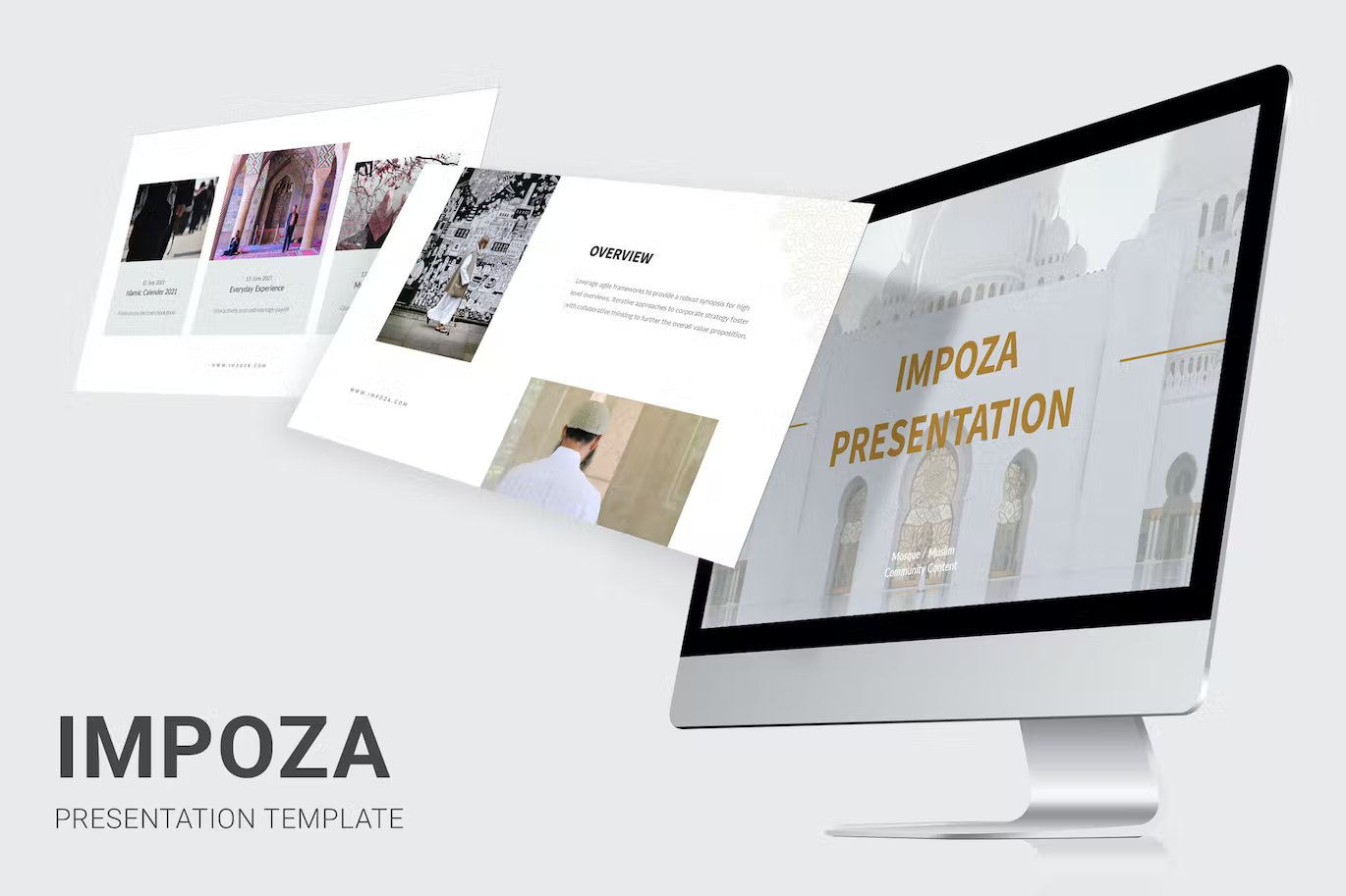 Black lettering "Impoza Presentation Template" and mockup IMac with different presentation templates on a gray background.