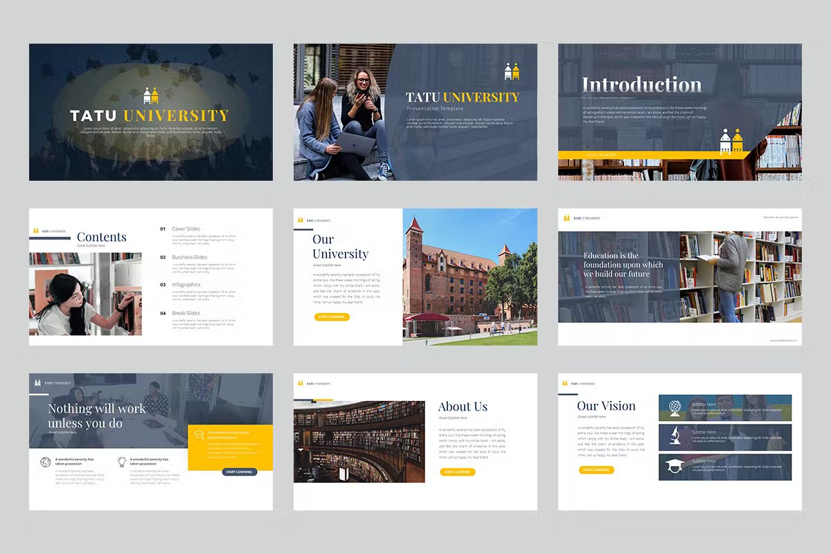 A set of 9 different tatu university google slides in yellow, white, dark blue and gray on a gray background.