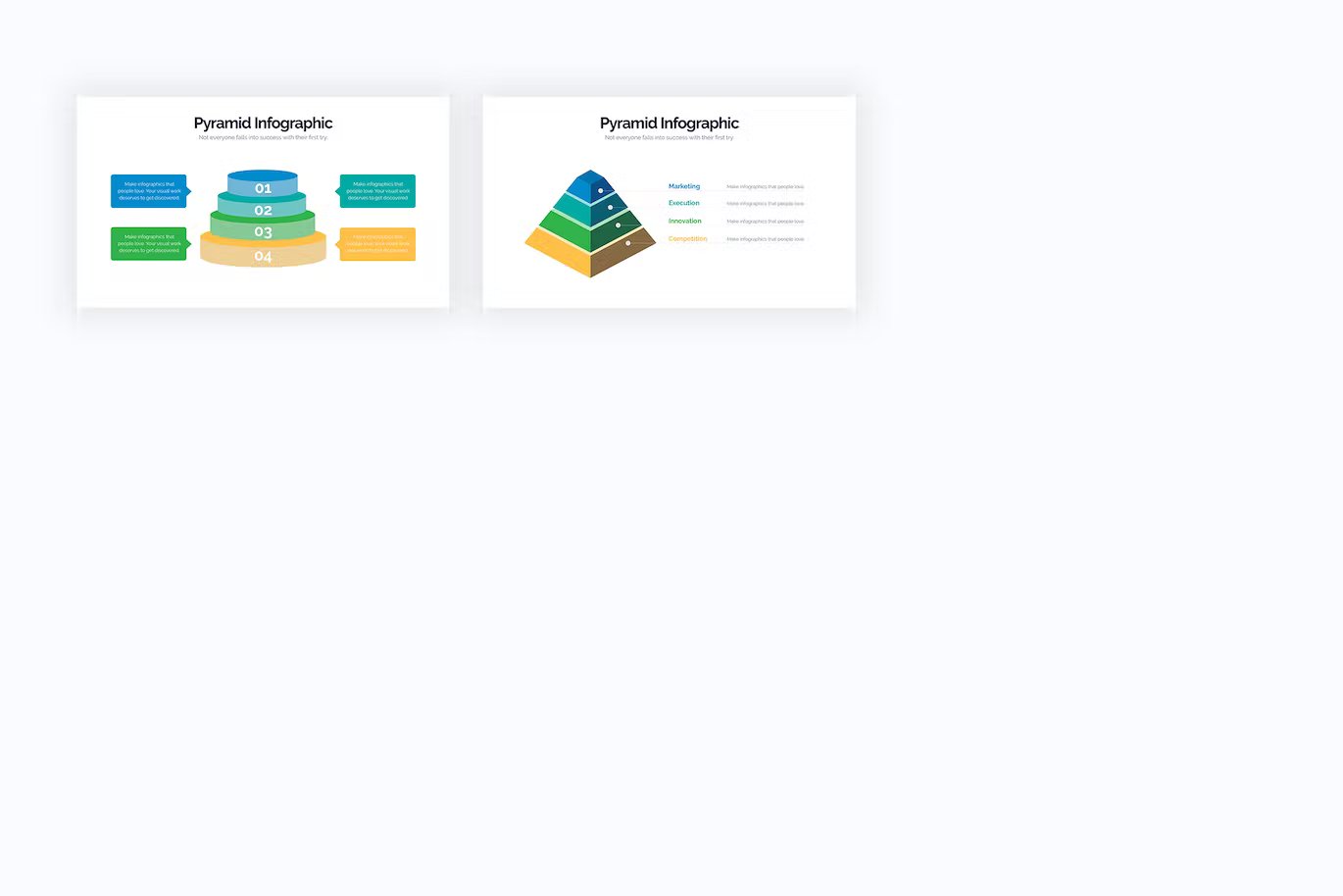 2 different business pyramid powerpoint infographics in blue, turquoise, green, yellow, orange and white on a gray background.