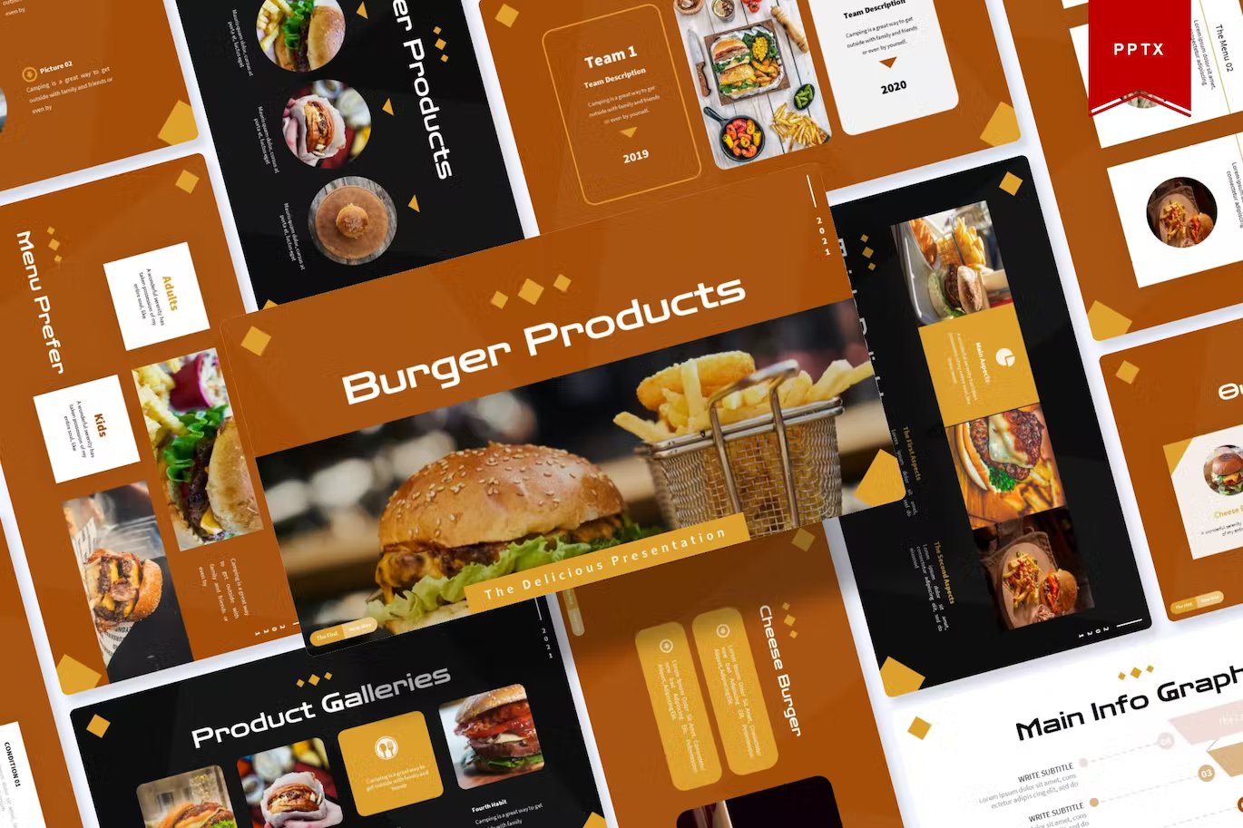 White lettering "Burger Products" and different presentation templates on a brown background.