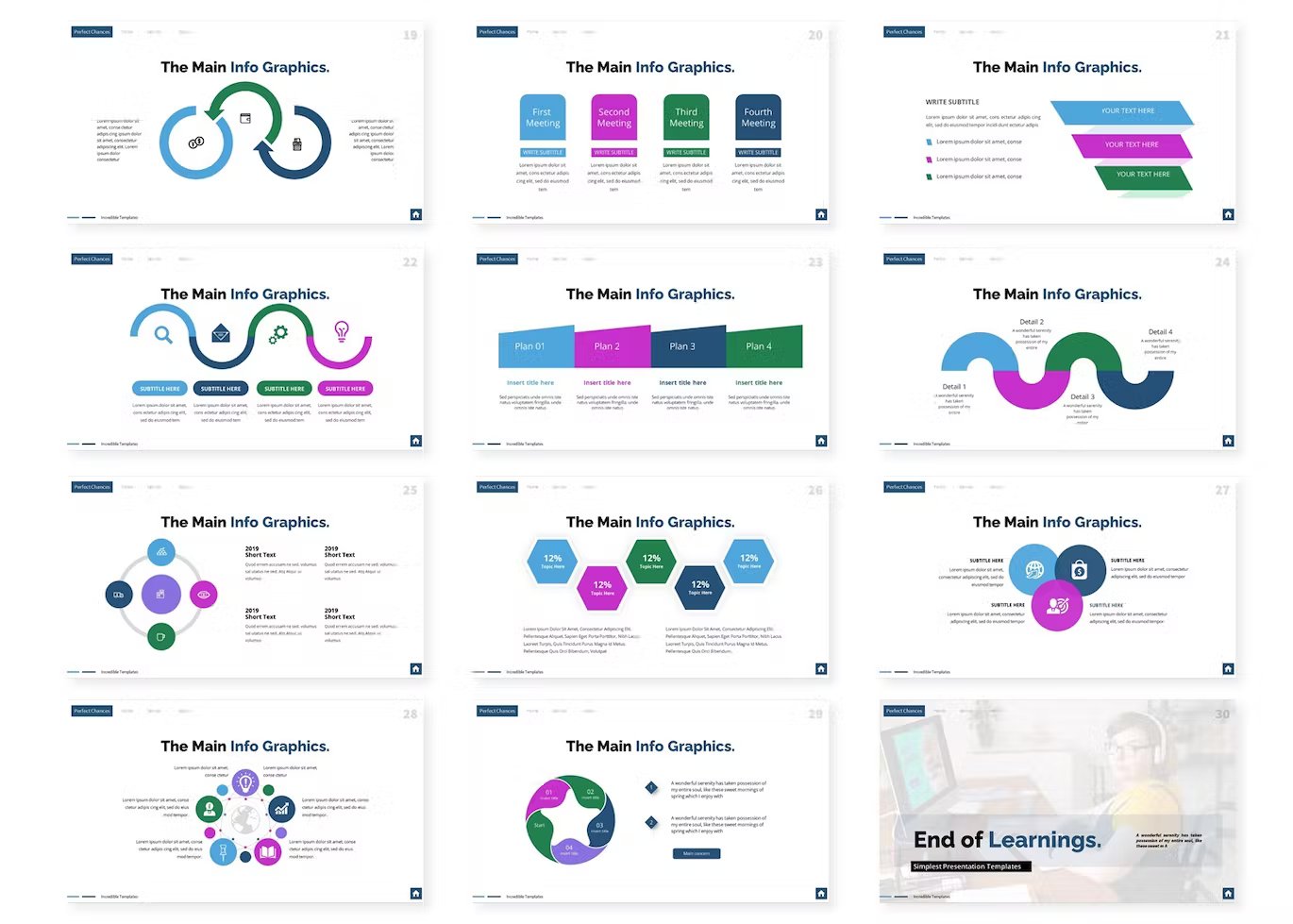 A set of 12 different techno learnings powerpoint templates in white, blue, pink, green and black on a white background.