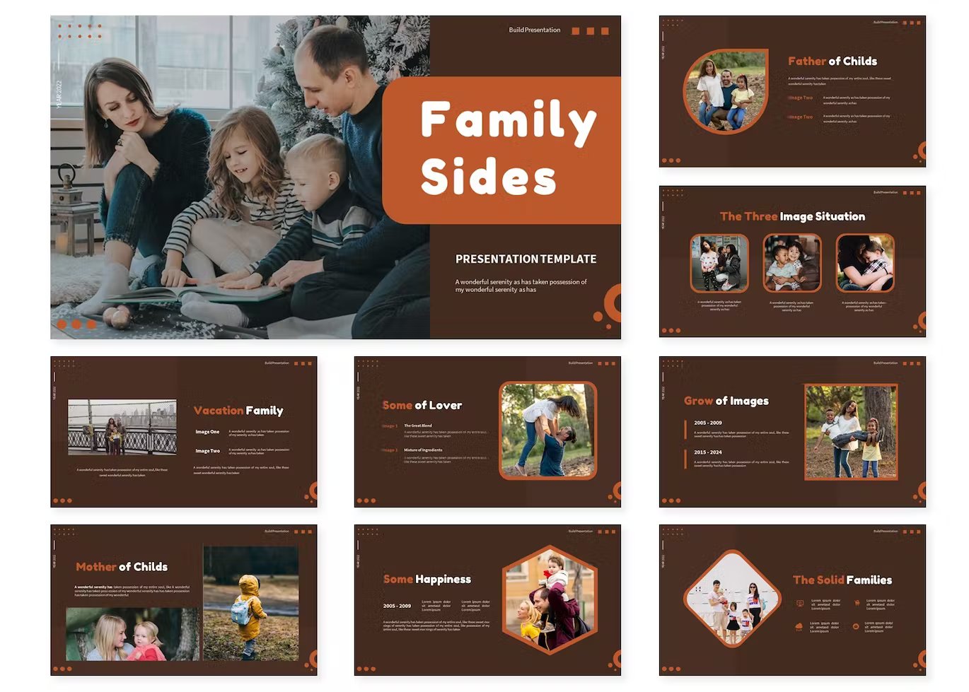 A set of 9 different family pages google slides templates in brown, orange and white on a white background.