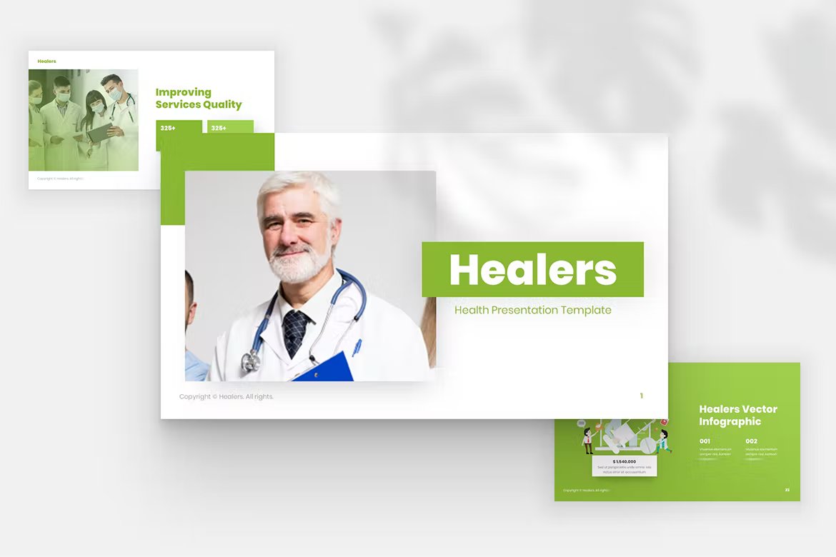 3 different healer health professional powerpoint template in white, black and green on a gray background.