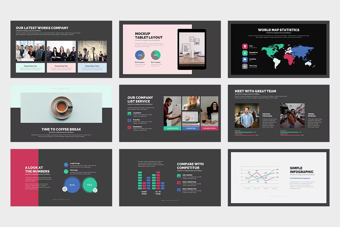 9 different presentation template with maps, mockups, diagrams and charts.