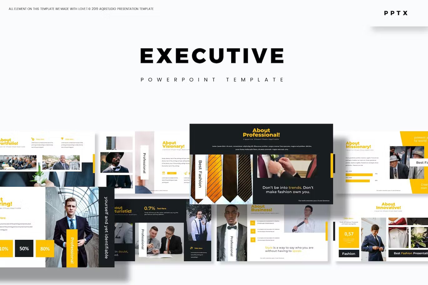 Black lettering "Executive Powerpoint Template" and different presentation templates on a white background.