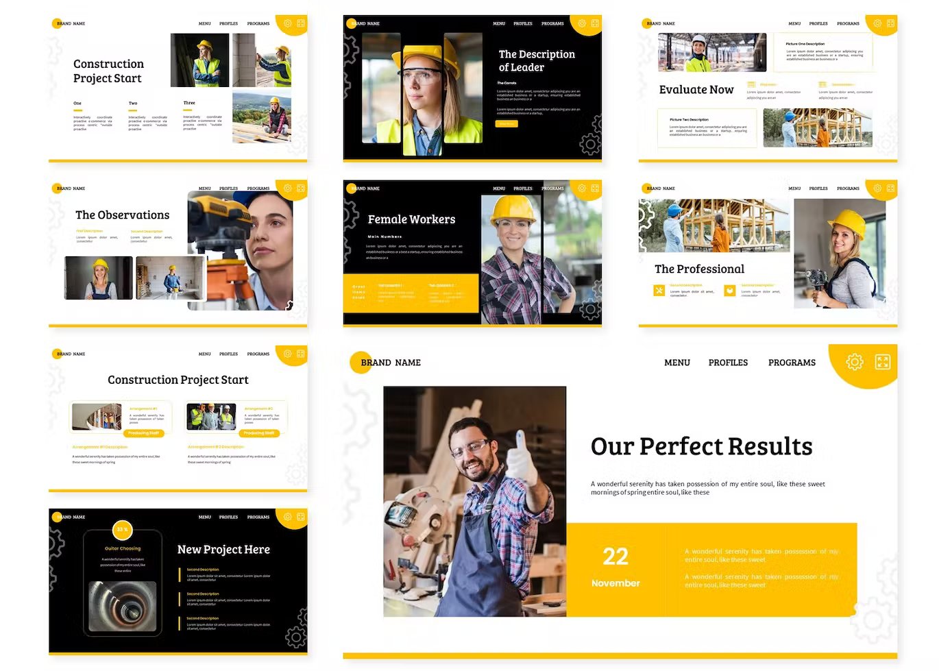 A set of 9 different project to construct presentation templates in white, yellow and black on a white background.