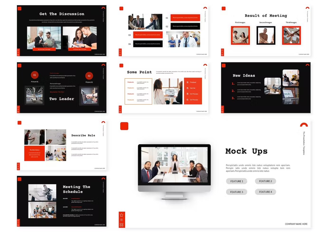 A set of 9 different high profits keynote templates in black, white and red on a white background.