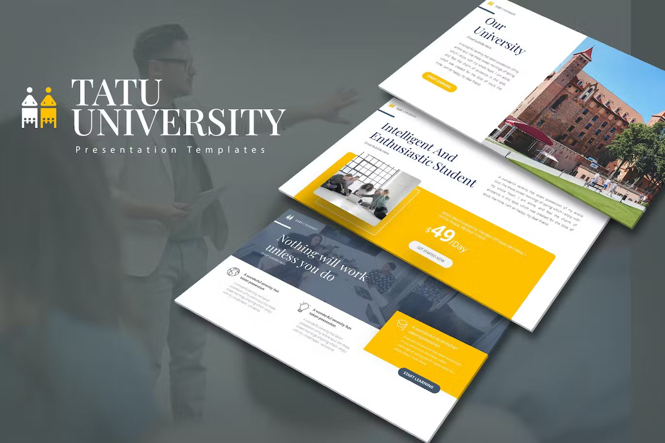 White lettering "Tatu University" and 3 different tatu university google slides in yellow, white, dark blue and gray on a gray background.