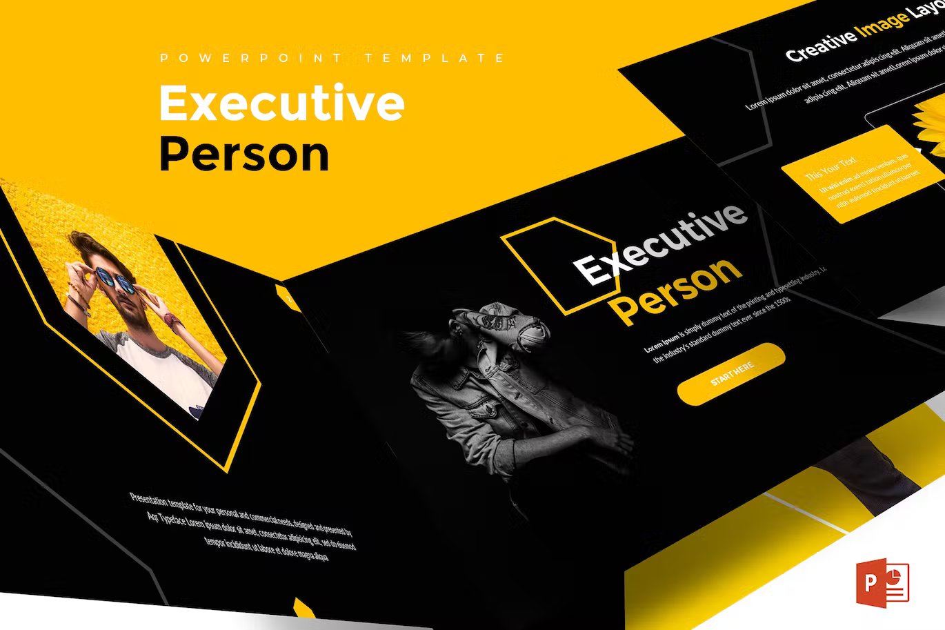 White lettering "Powerpoint Template Executive" and black lettering "Person" and different black, white and yellow presentation templates on a yellow background.