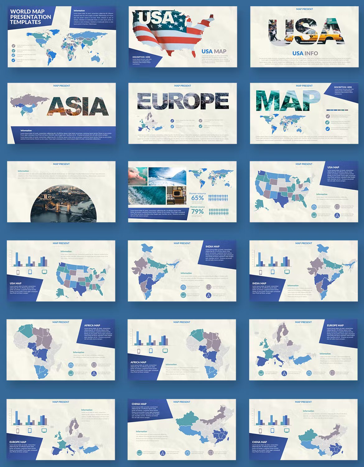 A set of 18 different assign powerpoint templates in blue, gray, green and white on a blue background.
